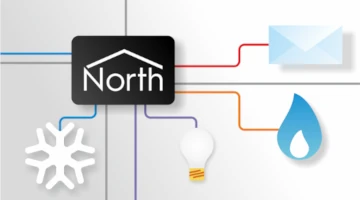 Diagram showing a central North controller connected via colourful lines to system icons including HVAC, messaging, lighting, and fire.