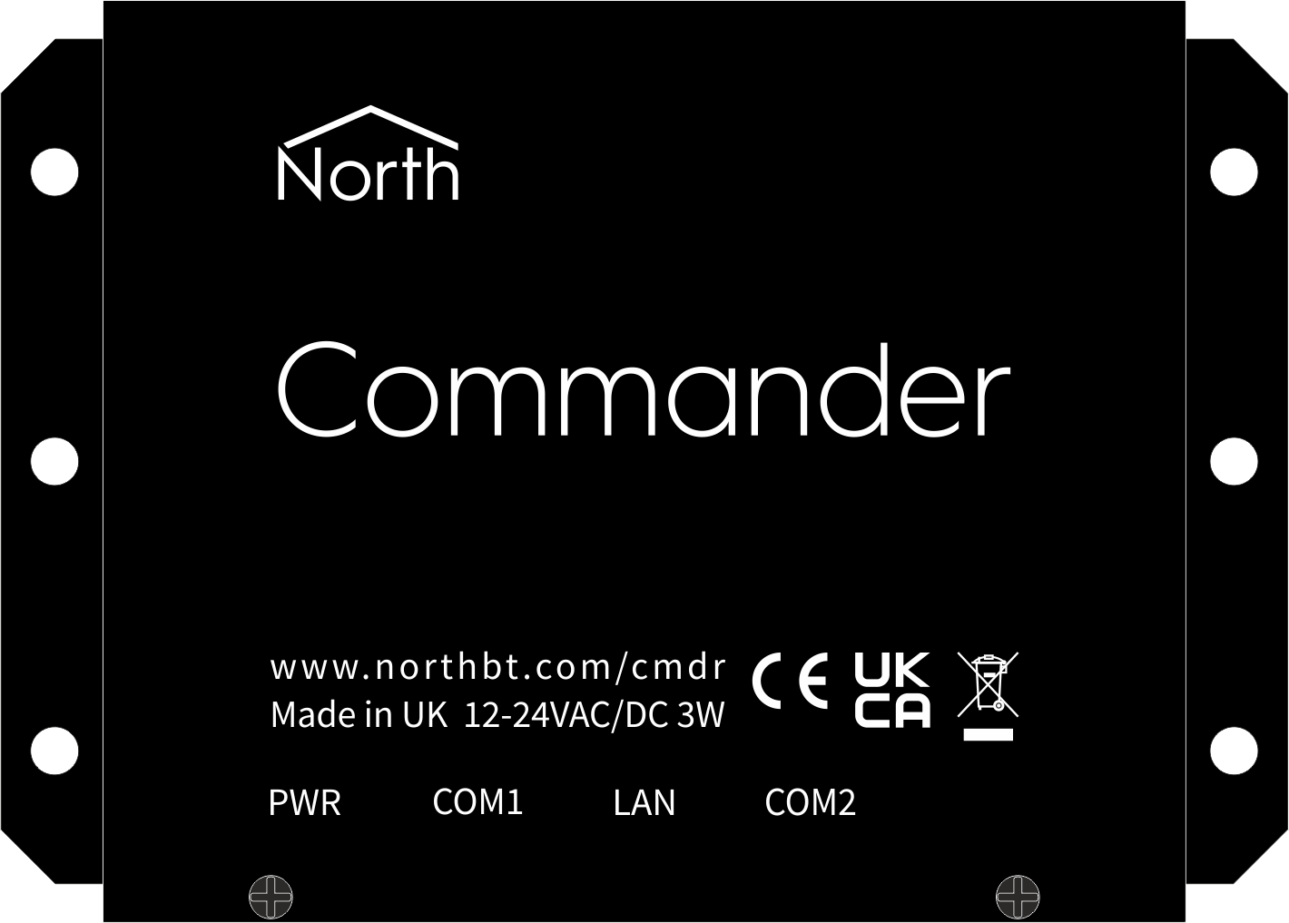 Top-down illustration of a black North Commander unit showing side mounting brackets, power rating specifications, compliance markings, and port labels for PWR, COM1, LAN, and COM2.