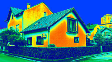 Infrared thermovision image of building showing heat loss