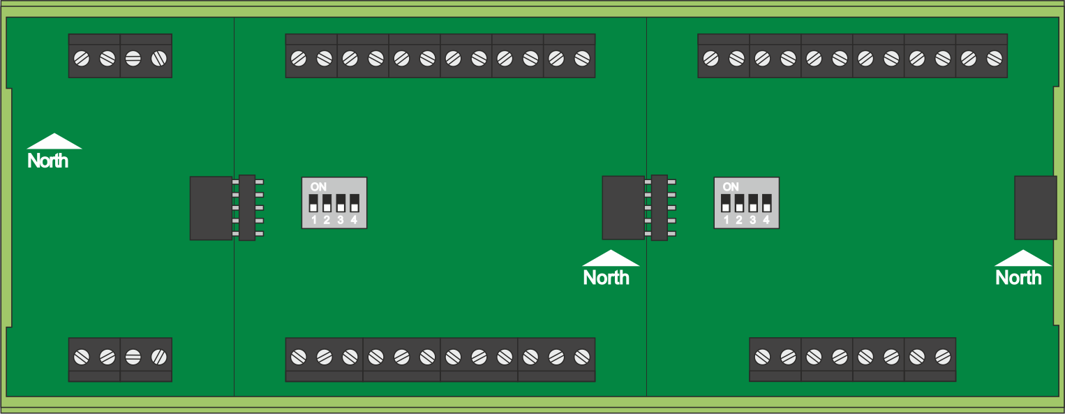 Zip system hardware layout showing a single network card and two Zip I/O modules plugged together.