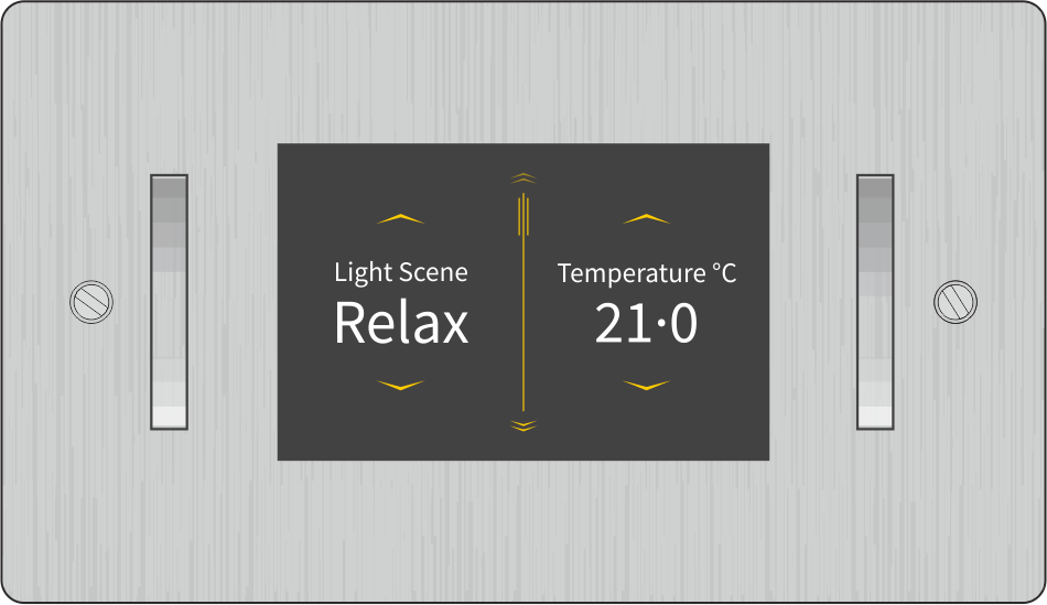 Zip M7204A Smart Switch display module with a brushed aluminium front panel. A central digital touch screen displays a 'Light Scene' selection set to 'Relax' on the left, and a 'Temperature' display set to '21.0 °C' on the right. Two vertical momentary rocker switches flank the screen to manually adjust the lighting and temperature setpoint presets.