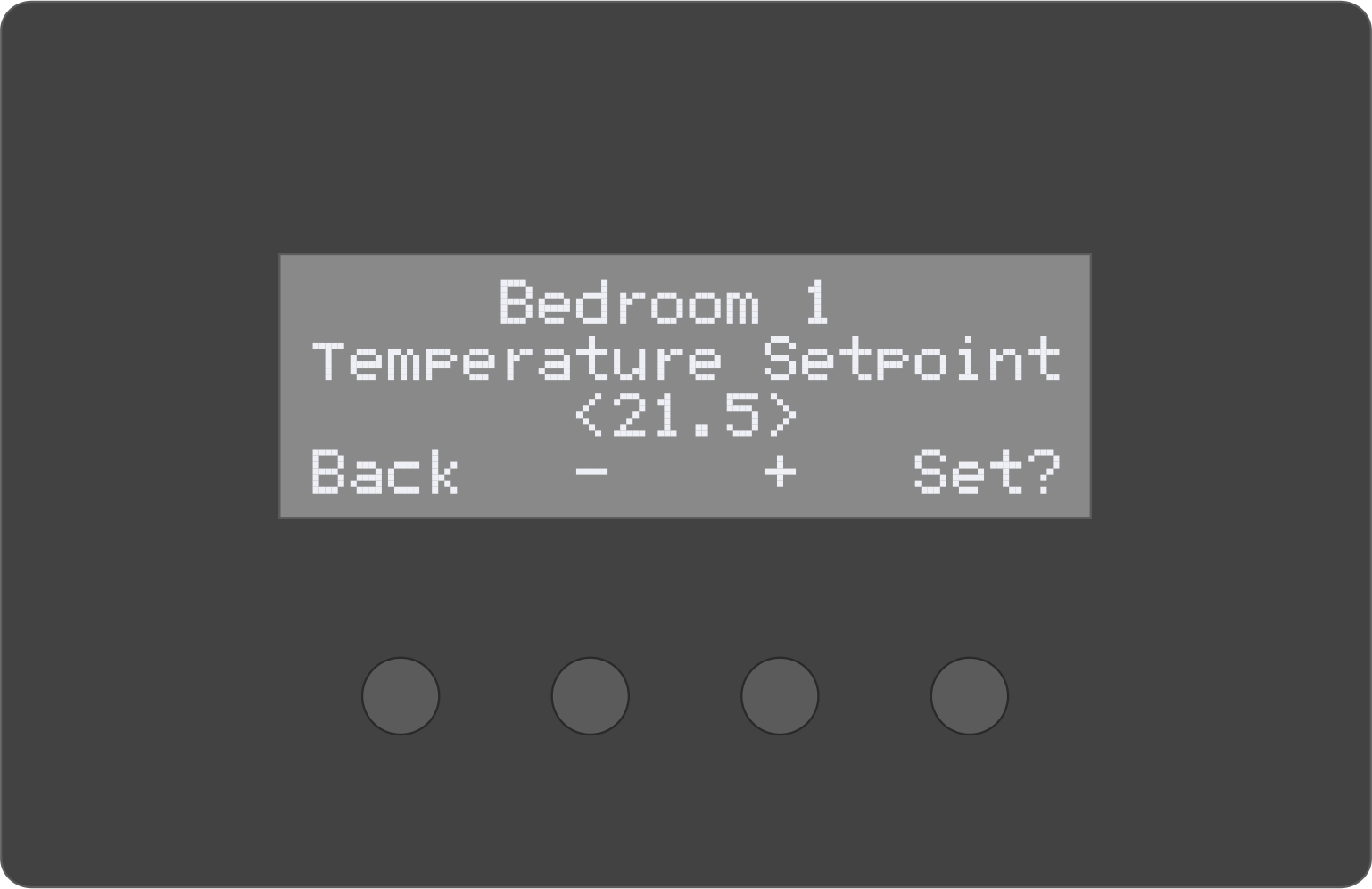 Zip M7212A panel-mount text display module featuring a central four-line dot-matrix display adjusting a bedroom temperature setpoint, positioned above a row of four round navigation buttons.