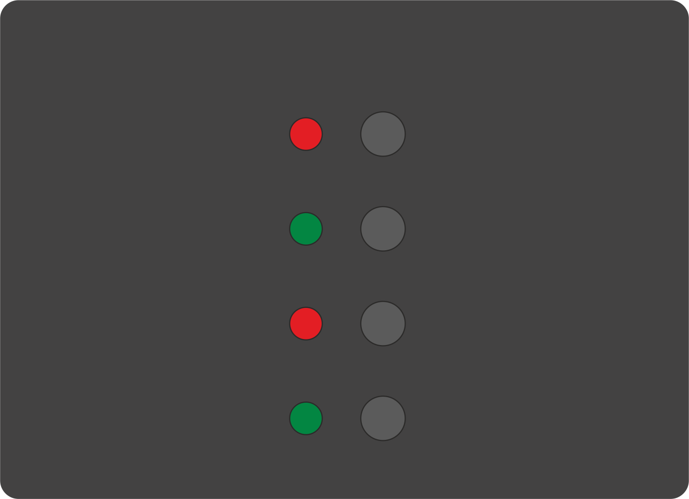 Zip M7213A panel-mount LED display module showing an unlabelled dark steel faceplate configured with a vertical array of four dual-colour LEDs adjacent to four tactile push-buttons.