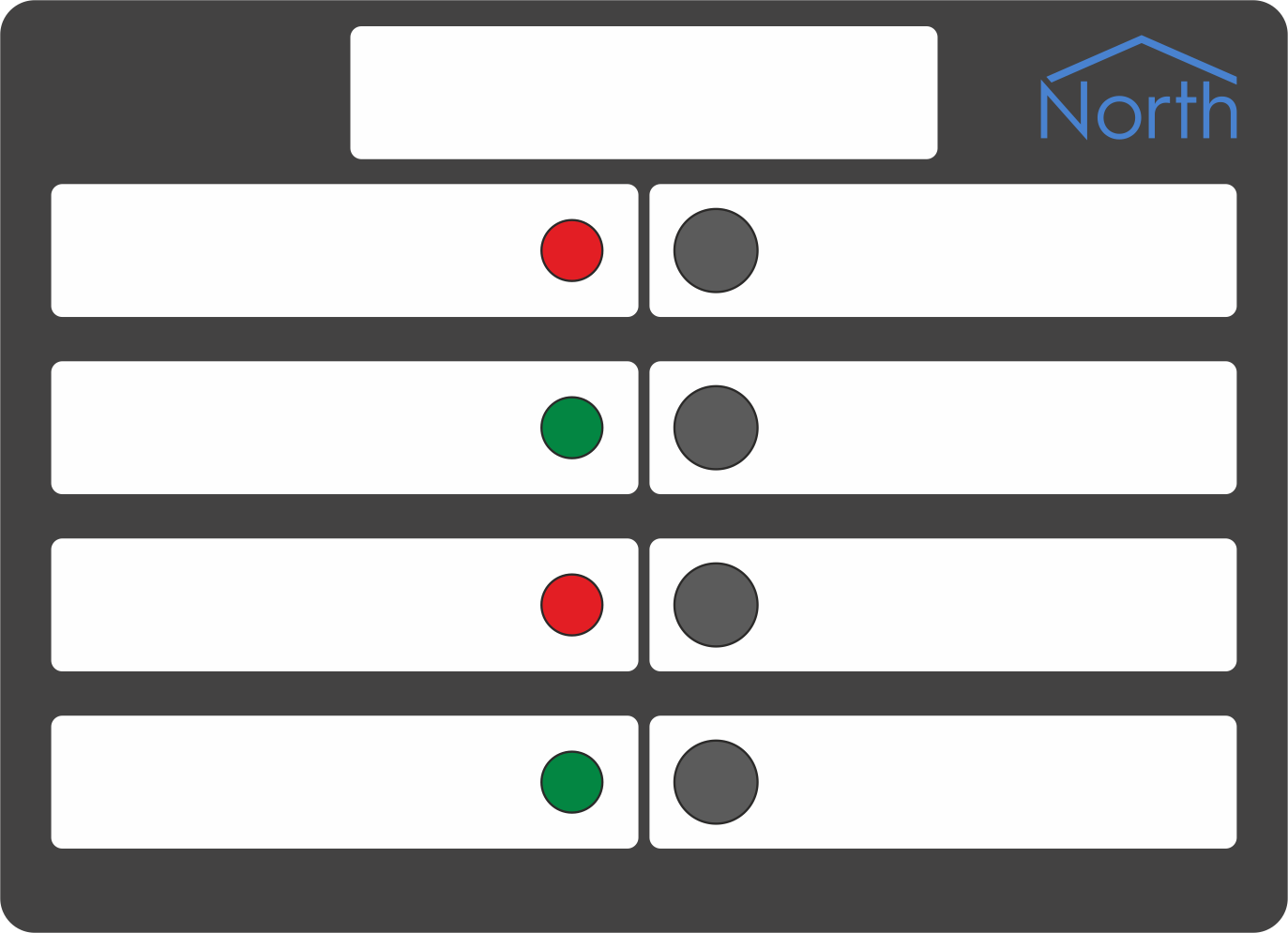 Zip M7213A display module featuring a custom printed white label overlay. The overlay provides a dedicated title space alongside the North logo at the top, and four rows of blank text windows surrounding the vertical columns of LEDs and buttons.